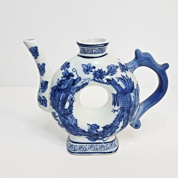 Vintage Chinese Blue and White Doughnut Shaped Tea Pot ~ NO LID - Picture 1 of 9
